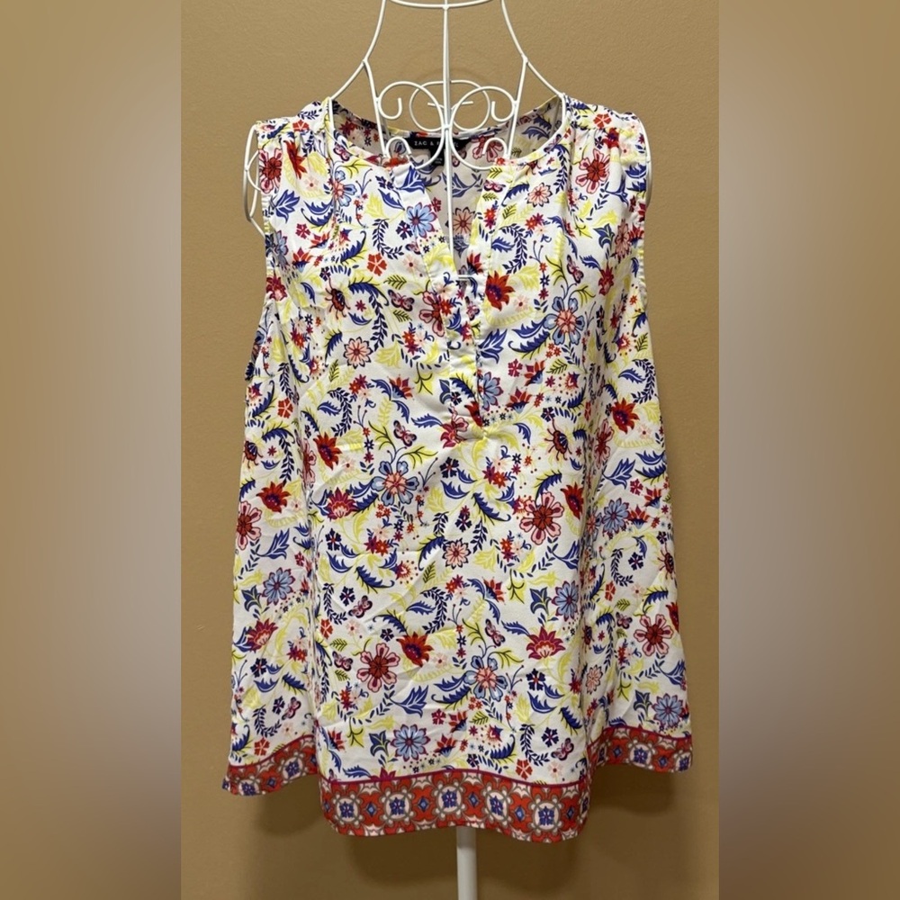 Zac & Rachel White Floral Sleeveless V-Neck Tunic Blouse Boho L
